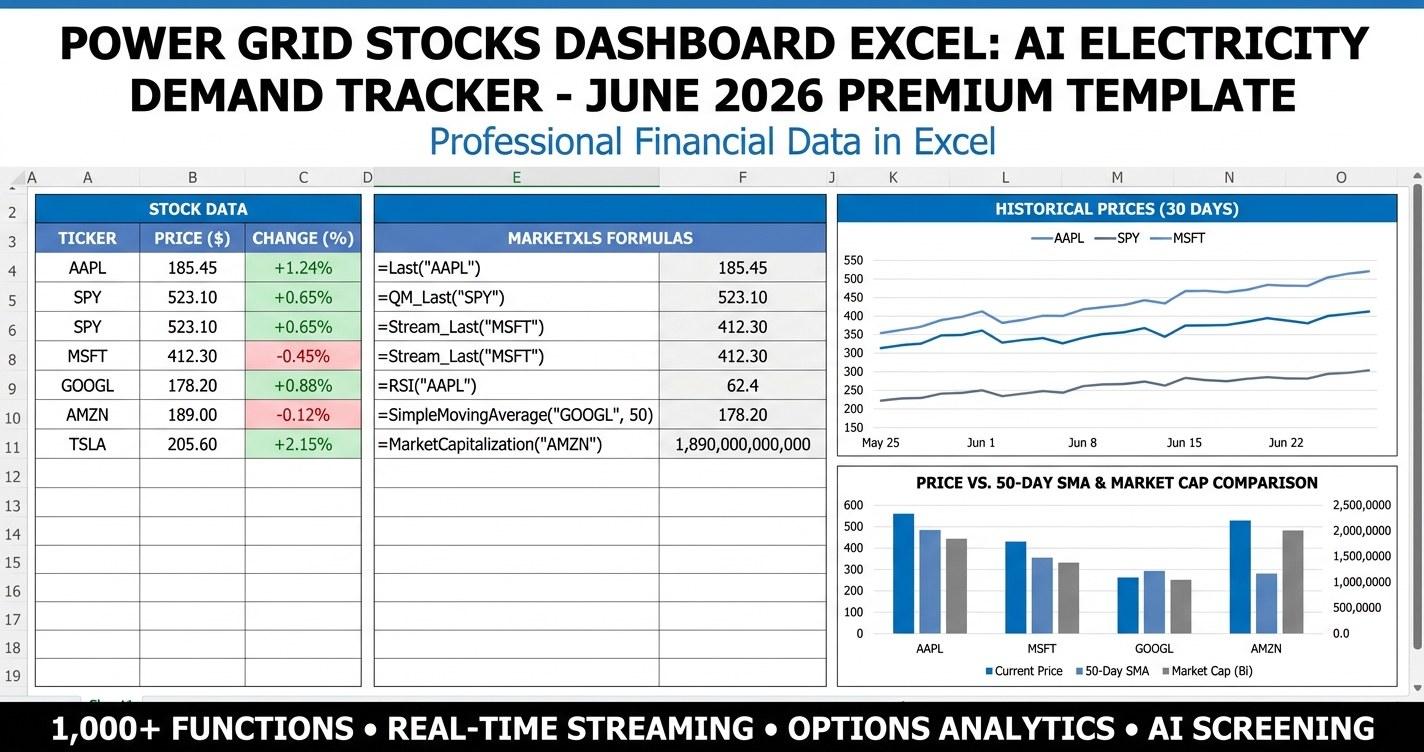 Power grid stocks dashboard Excel template - AI electricity demand tracker premium dashboard