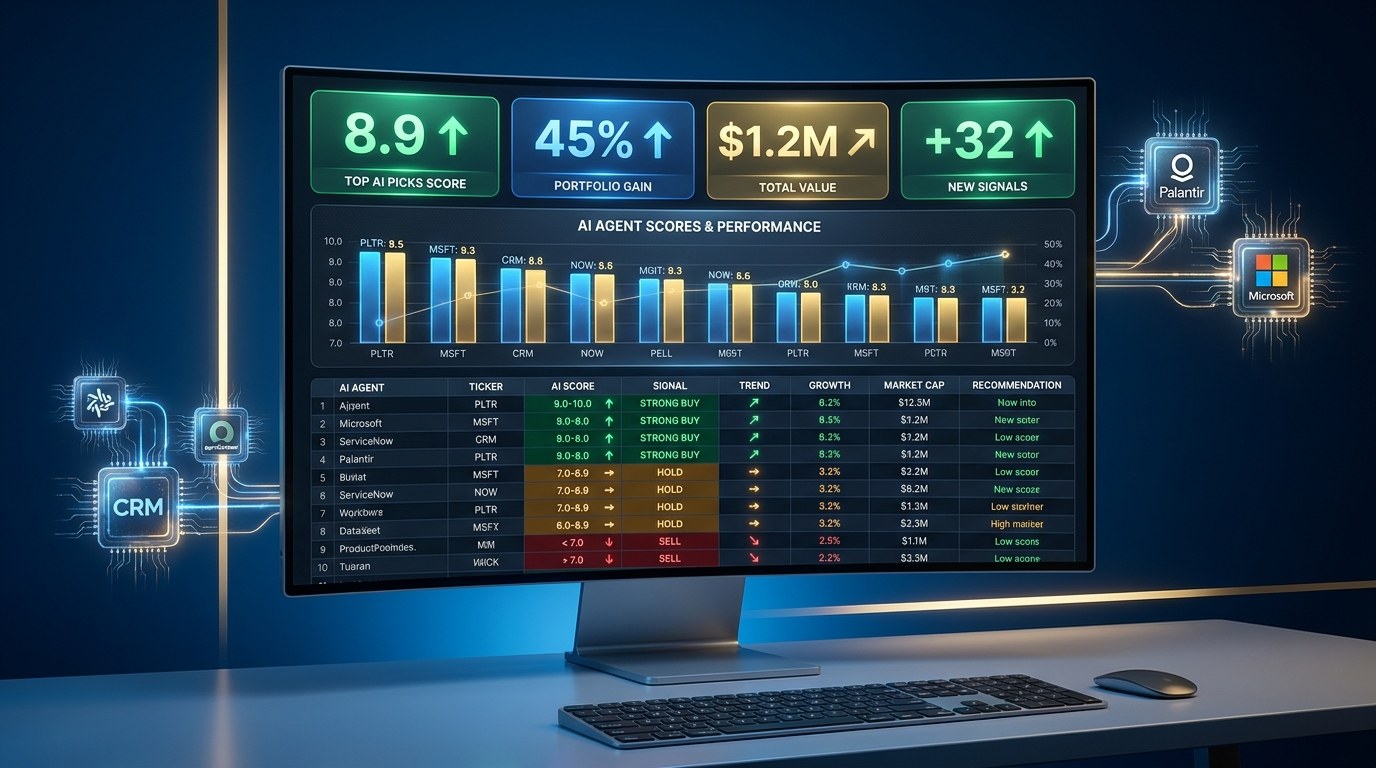 AI Agent Stocks Dashboard Excel template with KPI tiles, conditional formatting heatmap, agentic AI composite score column and revenue-growth vs price-to-sales scatter chart for summer 2026