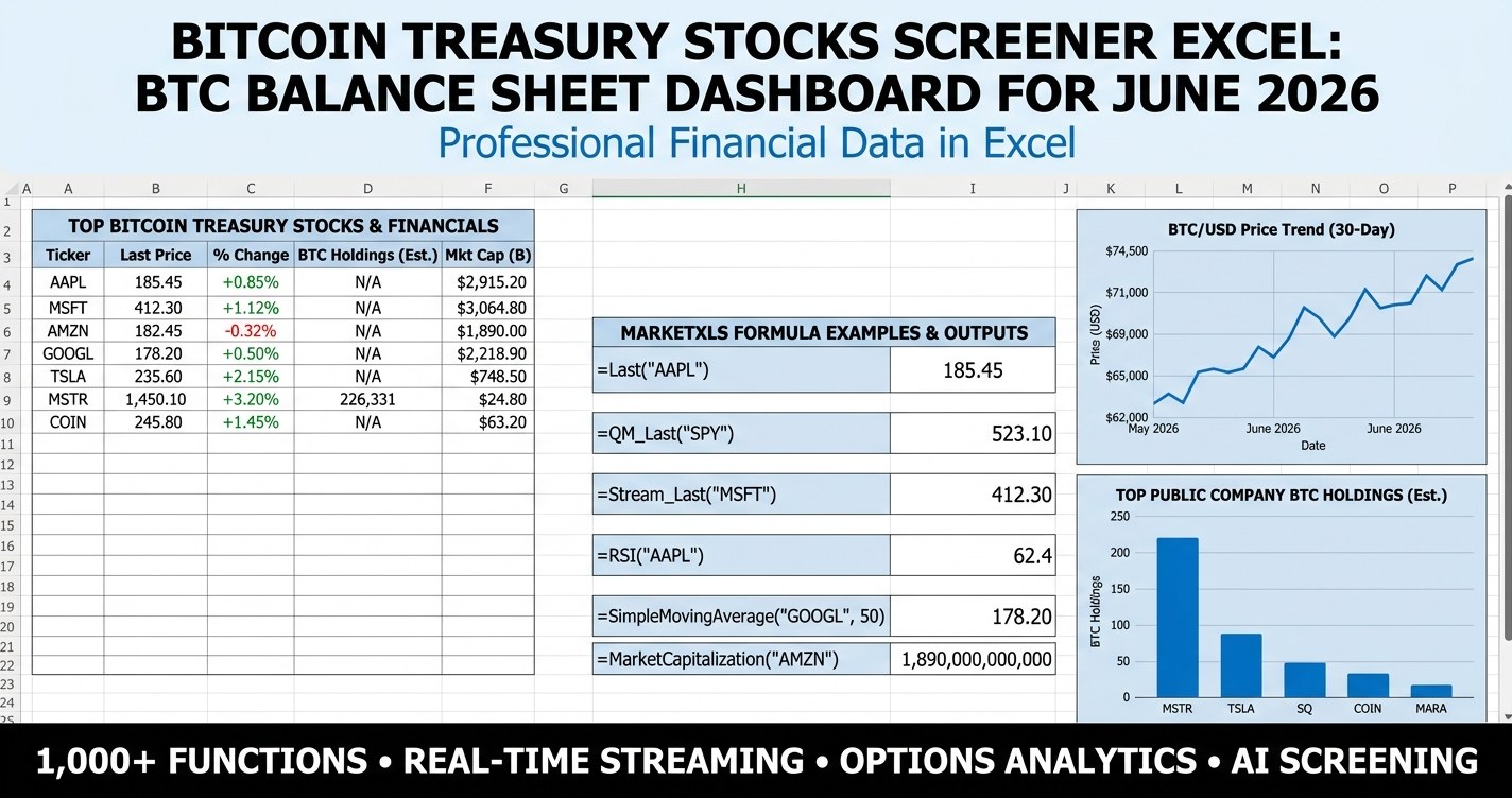 Bitcoin treasury stocks screener Excel dashboard with BTC balance sheet data and MarketXLS formulas