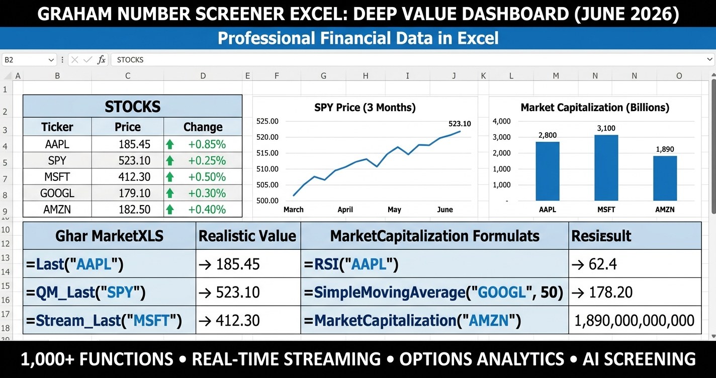Graham Number Screener Excel deep value dashboard with margin of safety heatmap
