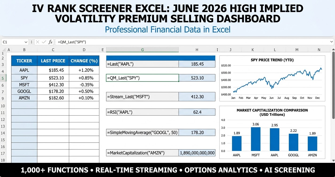 IV Rank Screener Excel dashboard showing implied volatility rank, IV percentile, and earnings dates across 30 liquid options names for June 2026 premium selling setups