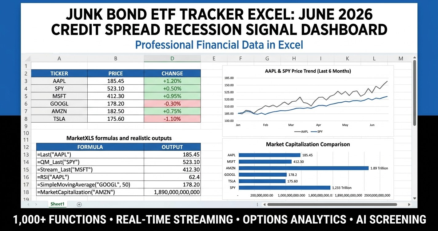 Junk Bond ETF Tracker Excel dashboard with HYG, JNK, USHY prices and live BAA-Treasury credit spreads built with MarketXLS formulas