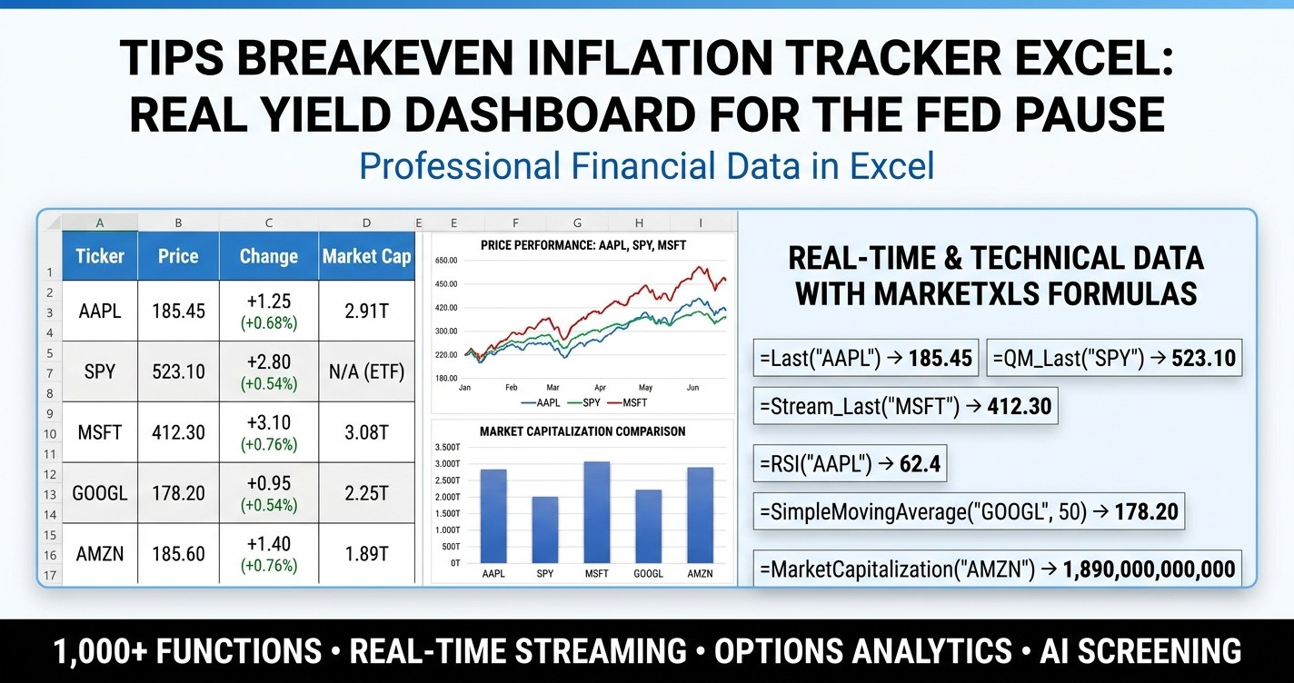 TIPS breakeven inflation tracker Excel - 10Y breakeven, real yield curve, inflation hedge allocator, and TIPS ETF comparison in a MarketXLS dashboard