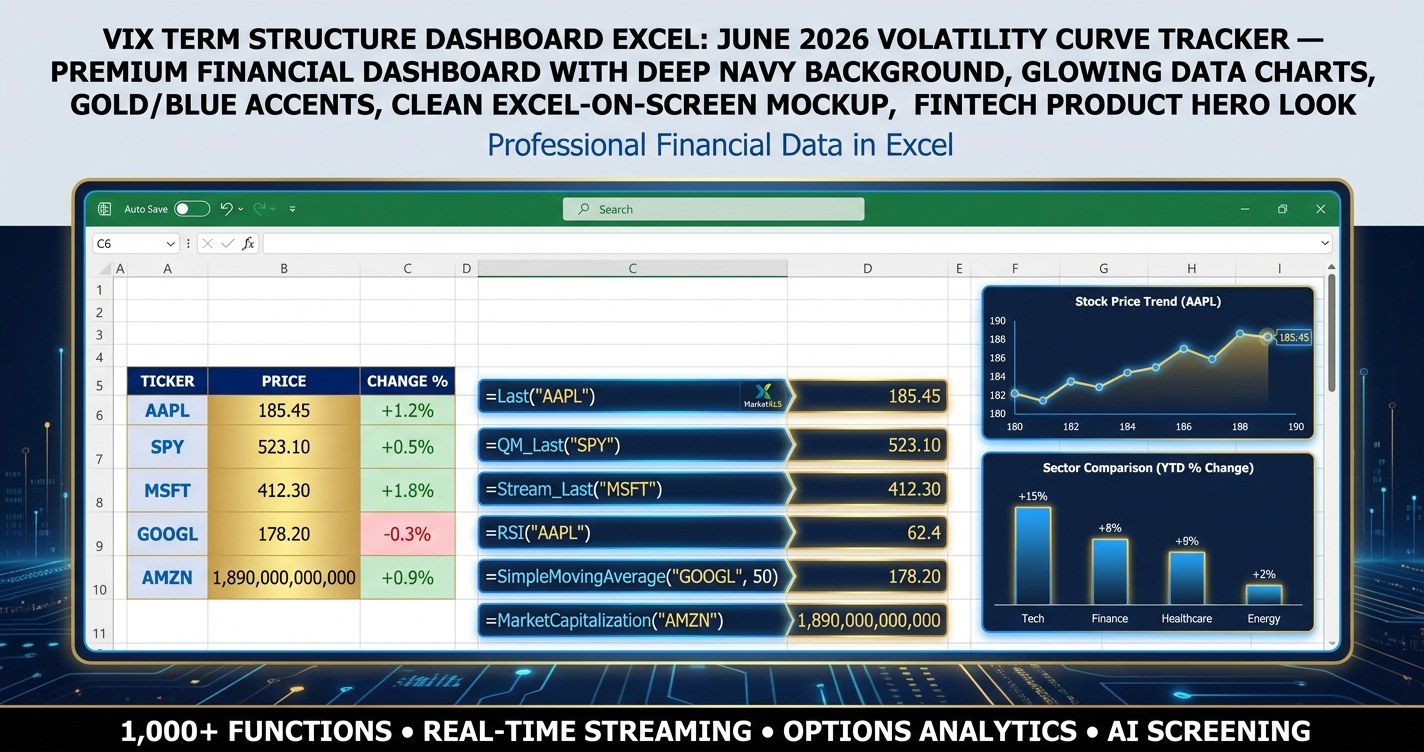 VIX term structure dashboard Excel template showing VIX9D, VIX, VIX3M, VIX6M and VIX1Y volatility curve